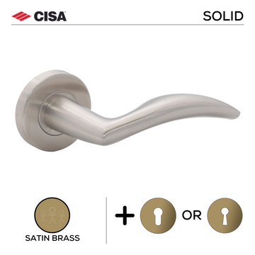 Main product view showing CISA Satin Brass Lever Handle — solid brass style for patio and sliding doors.