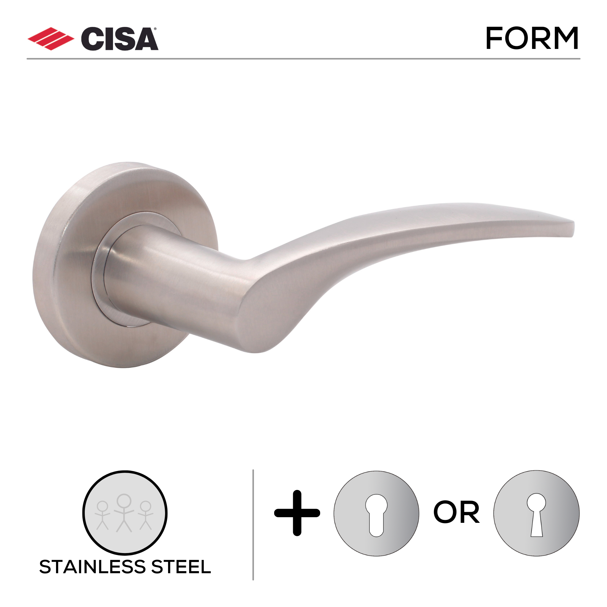 FS116.R._.SS, Lever Handles, Form, On Round Rose, With Escutcheons, Stainless Steel, CISA