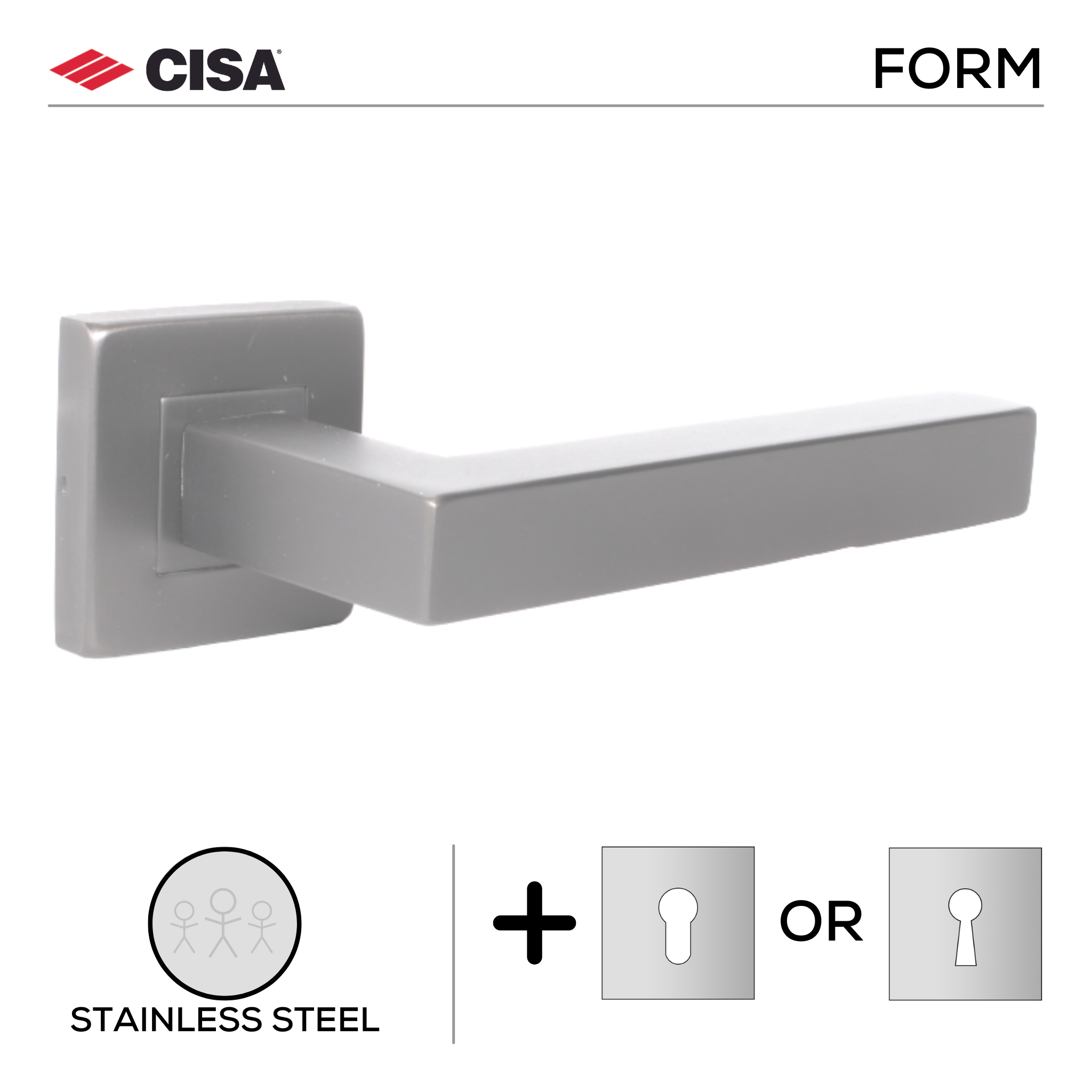 FS201.S._.SS, Lever Handles, Form, On Square Rose, With Escutcheons, Stainless Steel, CISA