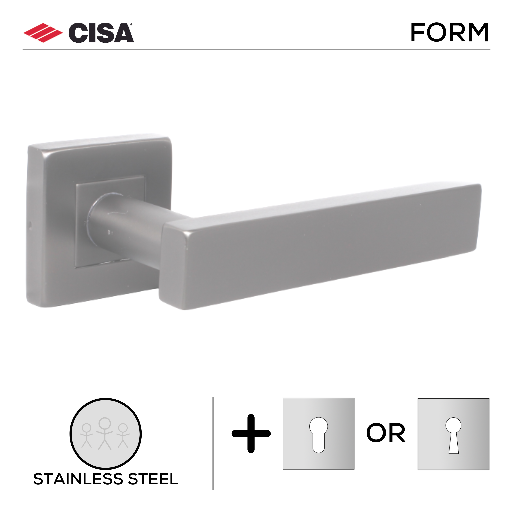 FS202.S._.SS, Lever Handles, Form, On Square Rose, With Escutcheons, Stainless Steel, CISA