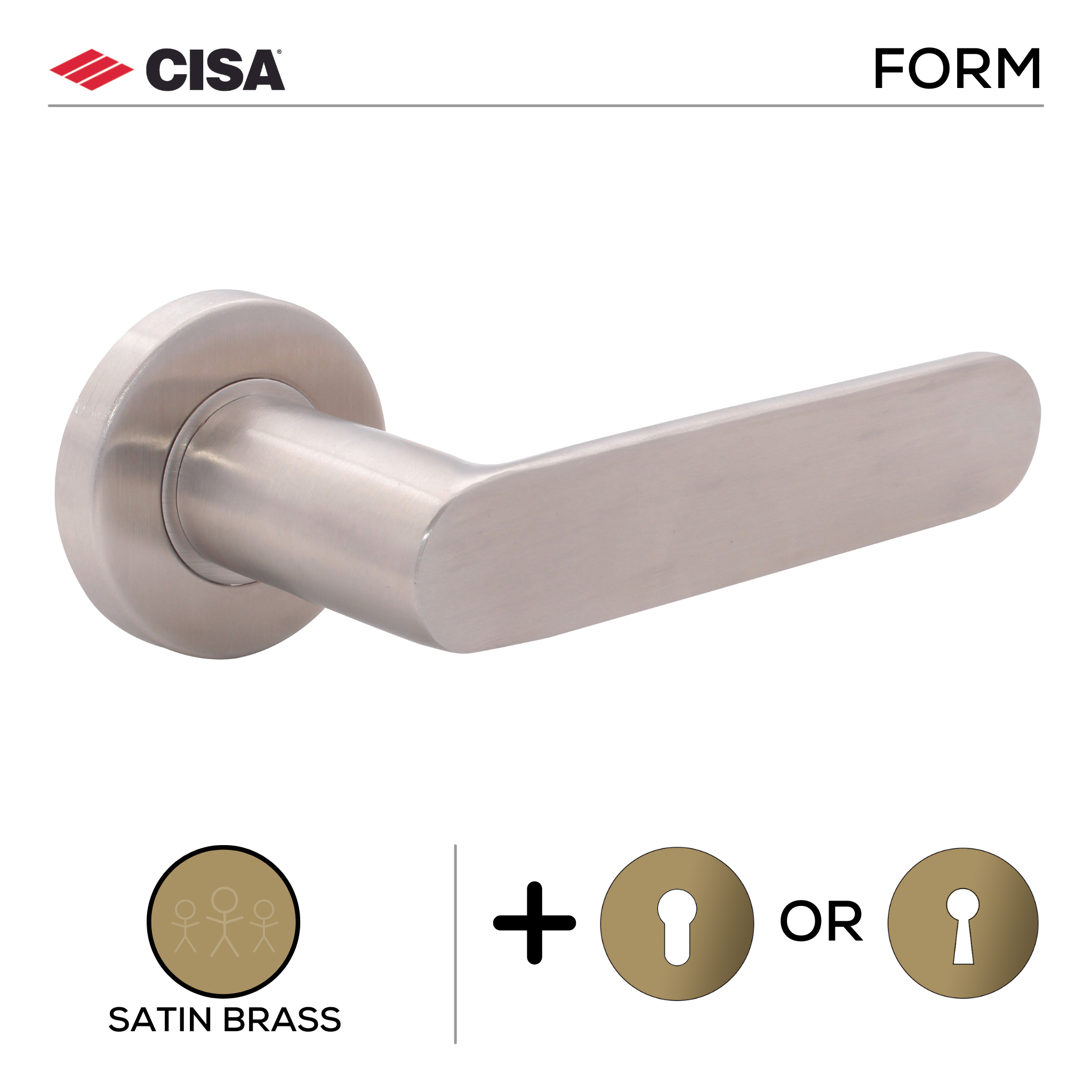 FS203.R._.SB, Lever Handles, Form, On Round Rose, With Escutcheons, Satin Brass, CISA