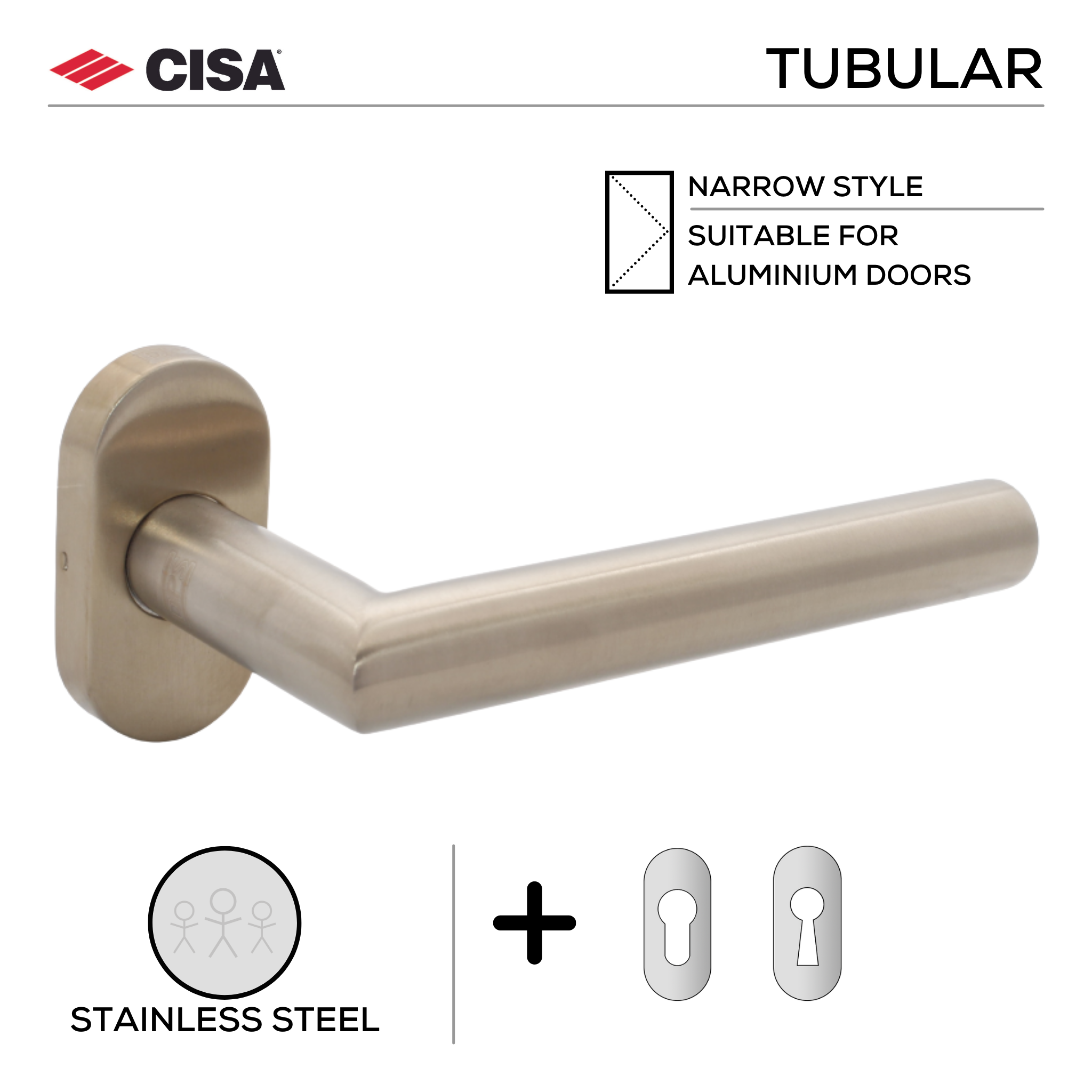 FT02.O.C.SS, Lever Handles, Tubular, On Oval Rose, With Cylinder Escutcheons, 134mm (l), Stainless Steel, CISA