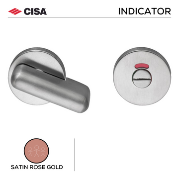 CISA Satin Rose Gold Escutcheon for bathroom doors, main product view with clean, clever, and ready to work, 53mm (h) x 53mm (w).