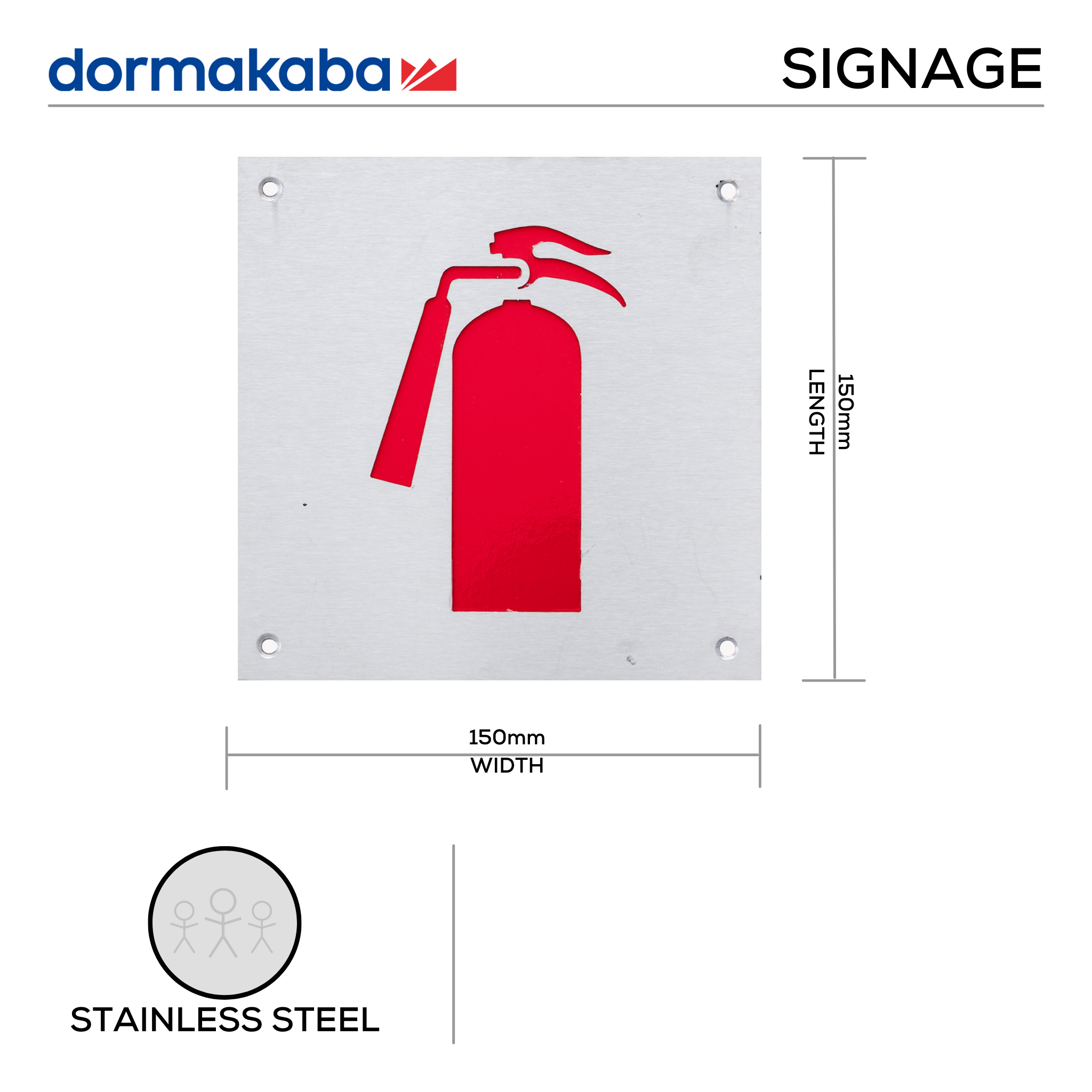 DSS-146, Door Signage, Fire Extinguisher , 150mm (l), 150mm (w), 1,2mm (t), Stainless Steel, DORMAKABA