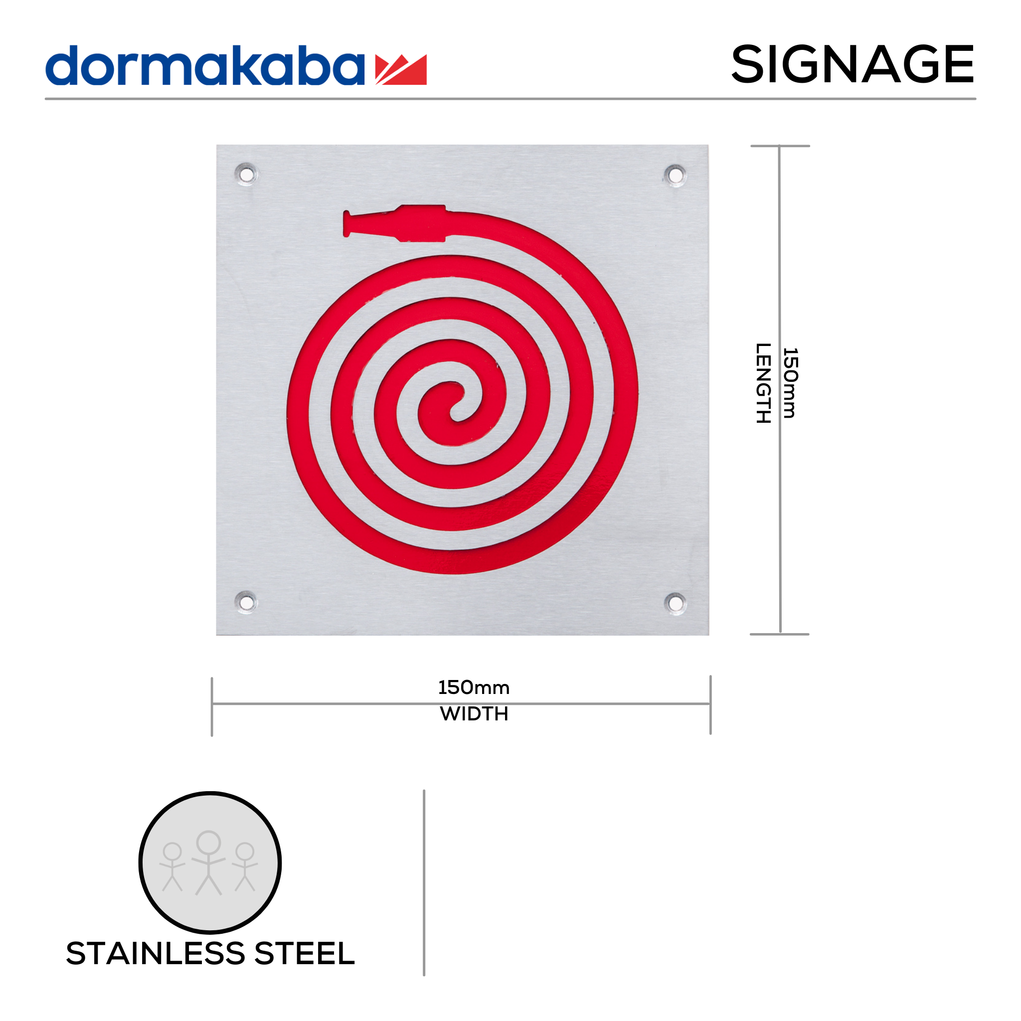 DSS-145, Door Signage, Fire Hose Reel , 150mm (l), 150mm (w), 1,2mm (t), Stainless Steel, DORMAKABA