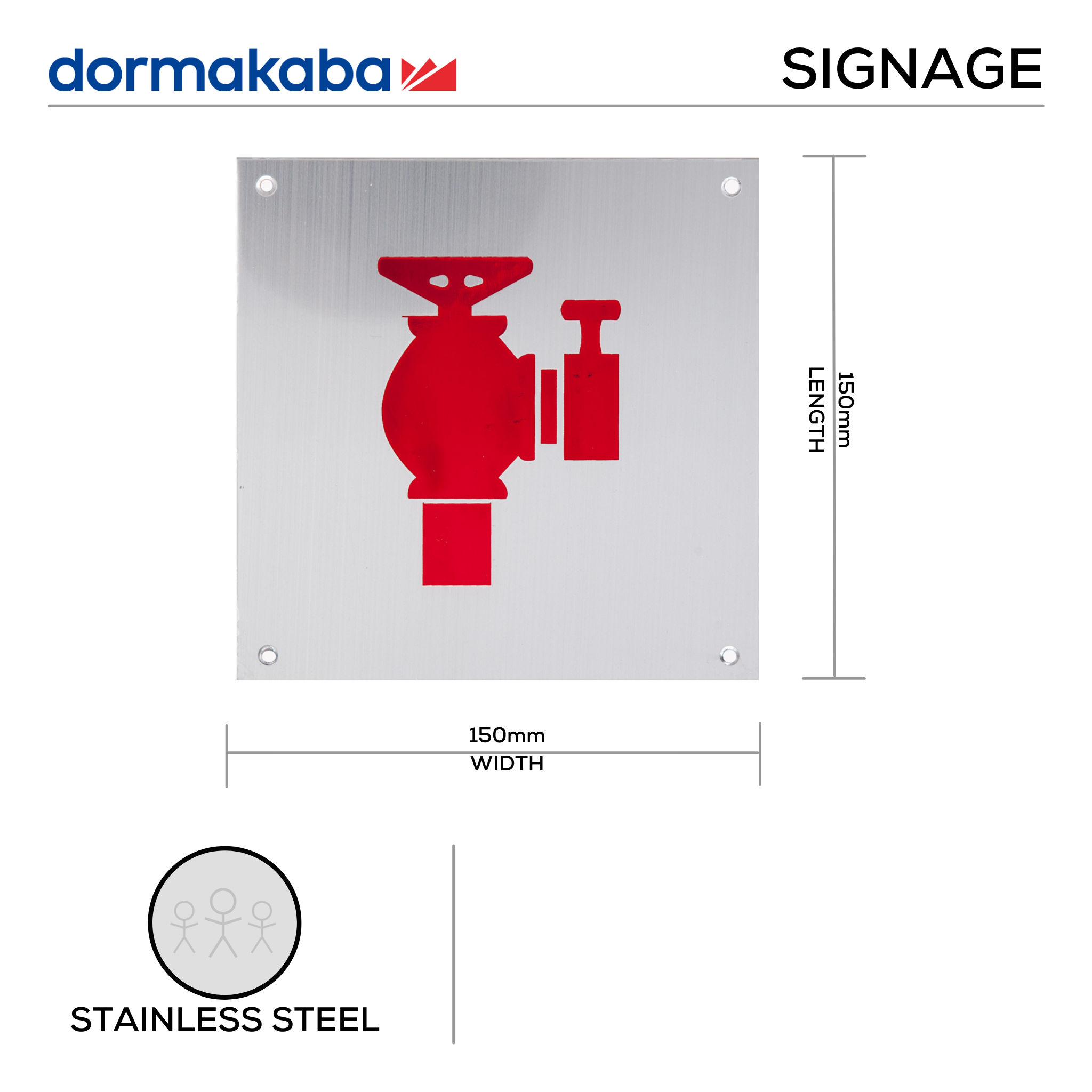 DSS-147, Door Signage, Fire Hydrant , 150mm (l), 150mm (w), 1,2mm (t), Stainless Steel, DORMAKABA