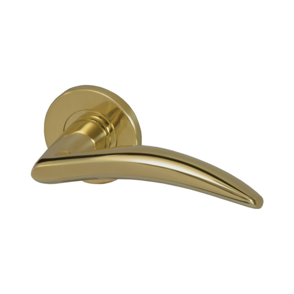 Juniper PVD, Lever Handles, Solid, On Round Rose, With Escutcheons, PVD Brass, QS