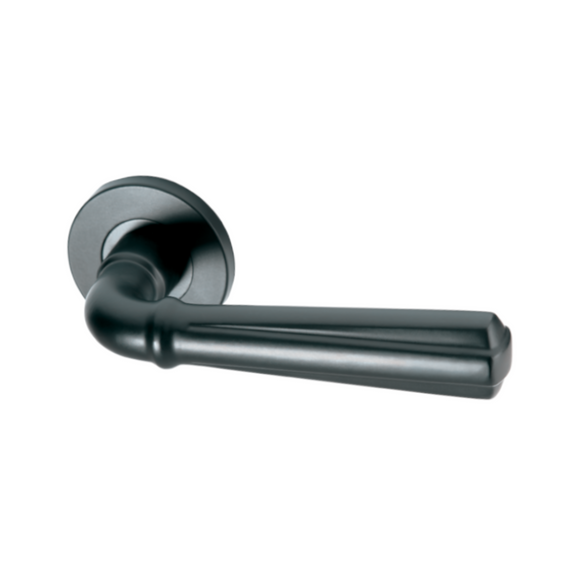Karis Black, Lever Handle, Mork Range Form, On Round Rose, With Escutcheons, Black Stainless Steel, QS
