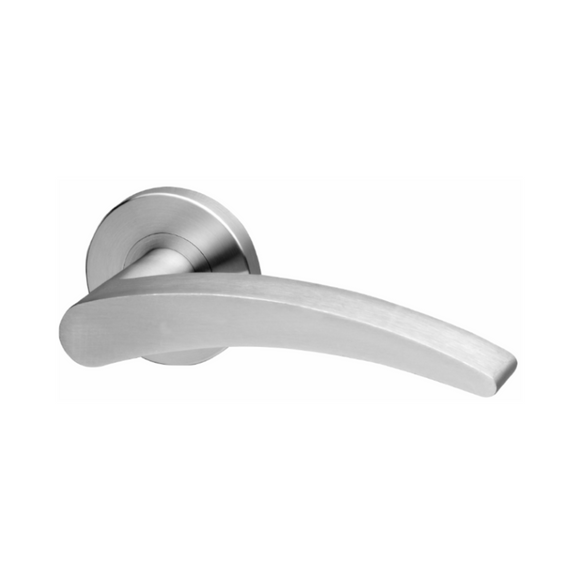 Krusa, Lever Handles, Solid, On Round Rose, With Escutcheons, Stainless Steel, QS