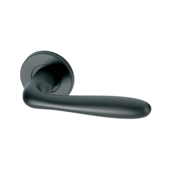 Lamu Black, Lever Handle, Mork Range Form, On Round Rose, With Escutcheons, Black Stainless Steel, QS