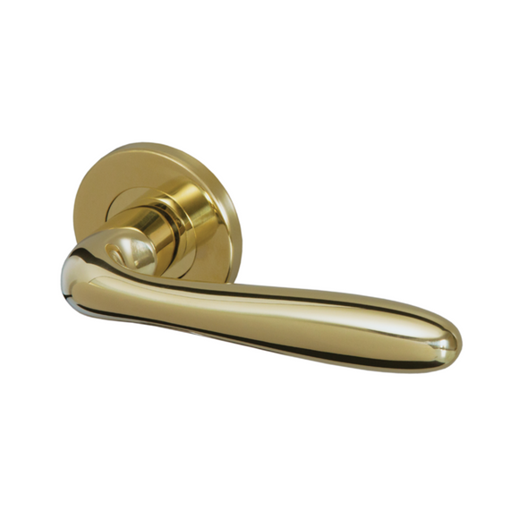 Lamu Form PVD, Lever Handles, Form, On Round Rose, With Escutcheons, PVD Brass, QS