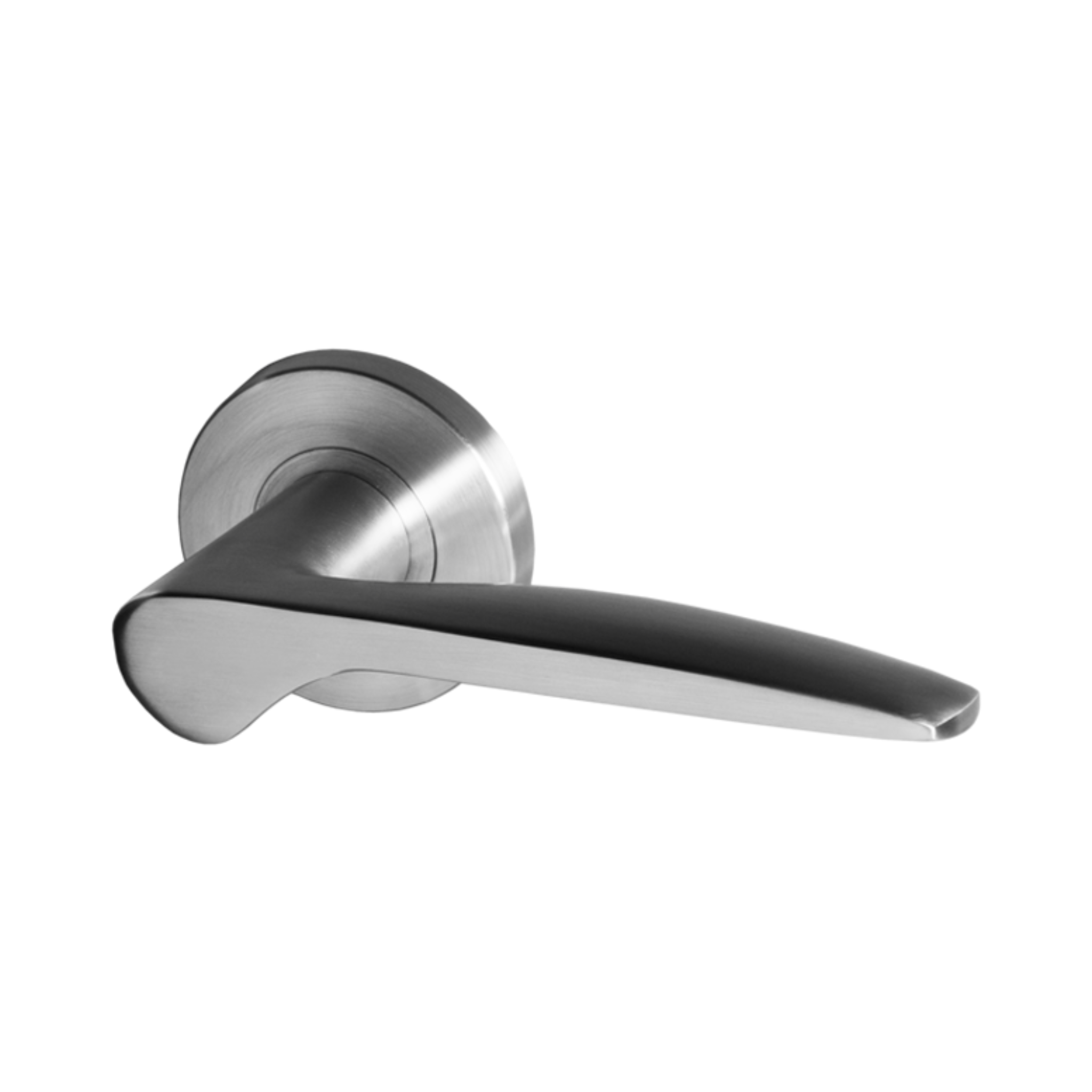 Lund, Lever Handles, Form, On Round Rose, With Escutcheons, Stainless Steel, QS