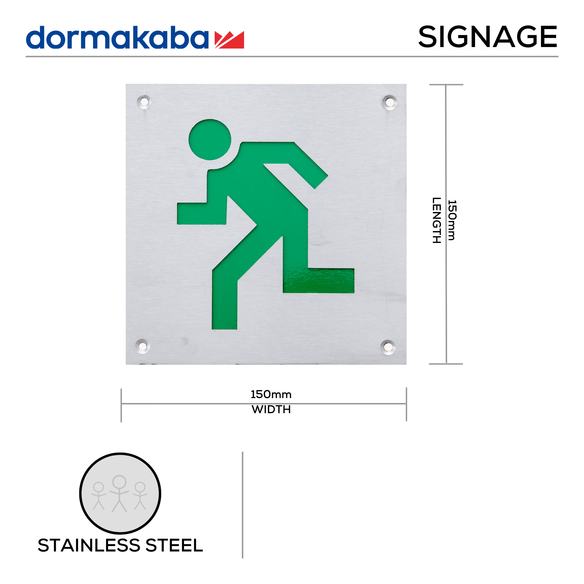 DSS-141, Door Signage, Man Running Left , 150mm (l), 150mm (w), 1,2mm (t), Stainless Steel, DORMAKABA