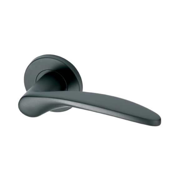 Molo Black, Lever Handle, Mork Range Solid, On Round Rose, With Escutcheons, Black Stainless Steel, QS