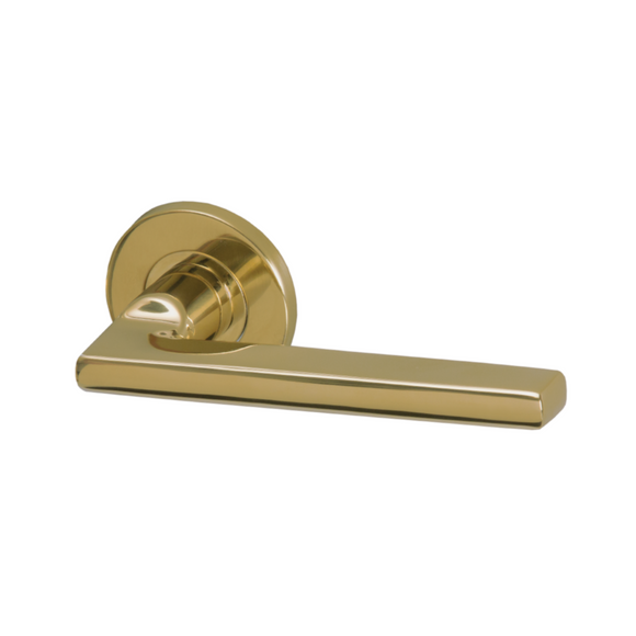 Pello PVD, Lever Handles, Form, On Round Rose, With Escutcheons, PVD Brass, QS