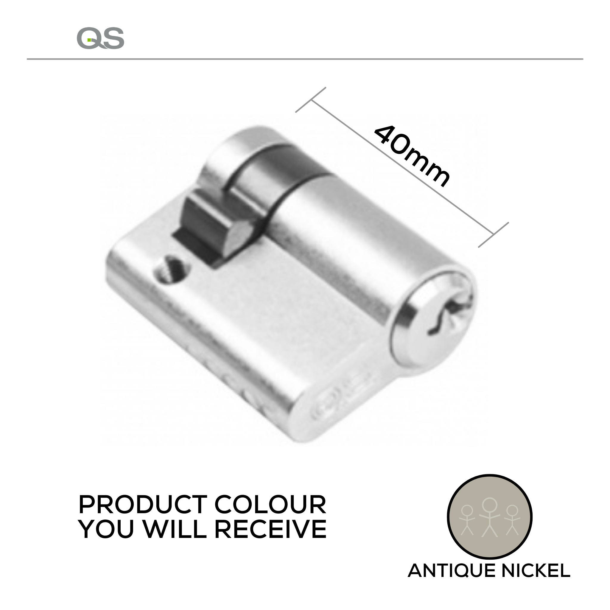 QS1102/AN, 40mm - 30/10, Half (Single Cylinder), Key, Keyed to Differ (Standard), 3 Keys, 5 Pin, Antique Nickel, QS