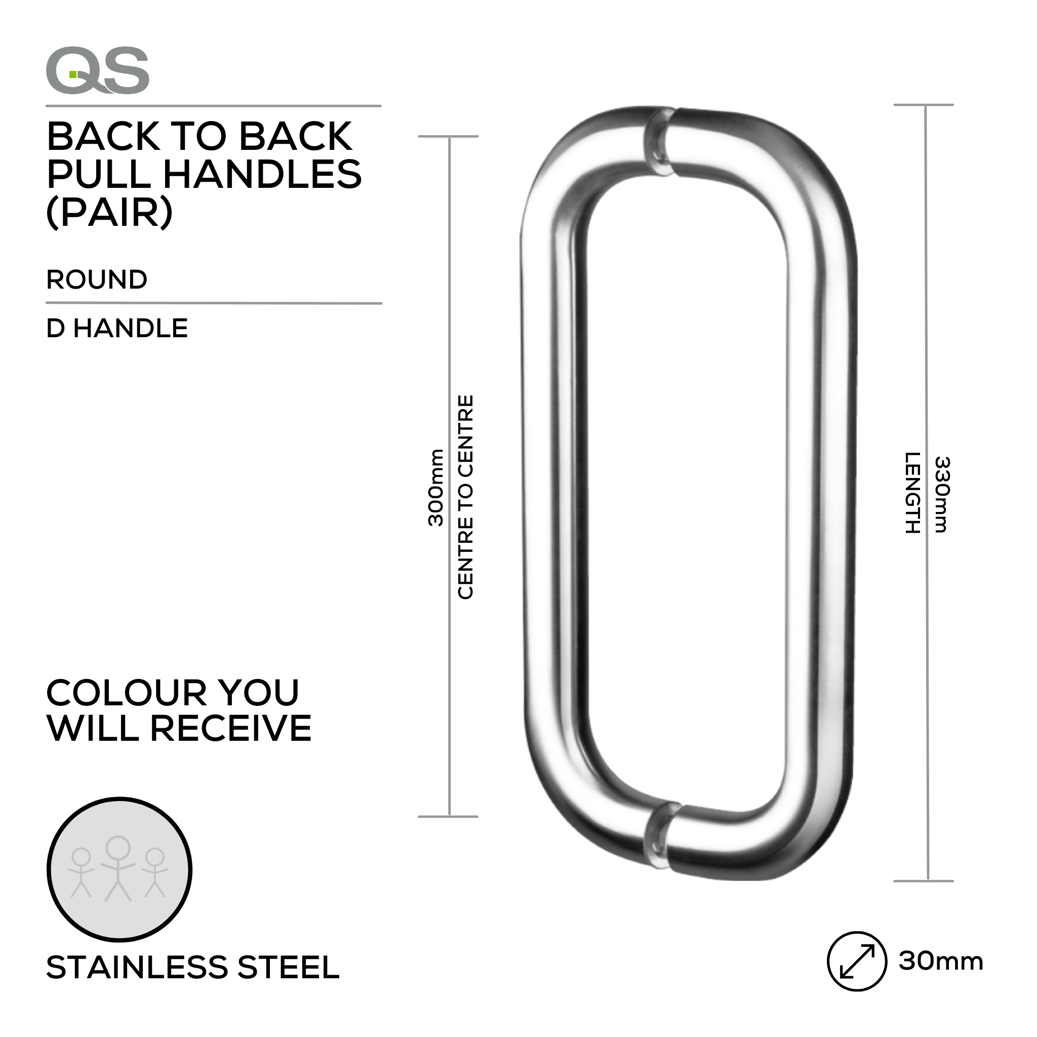 QS2201/1 D Handle, Pull Handle, Round, D Handle, BTB, 30mm (Ø) x 330mm (l) x 300mm (ctc), Stainless Steel, QS