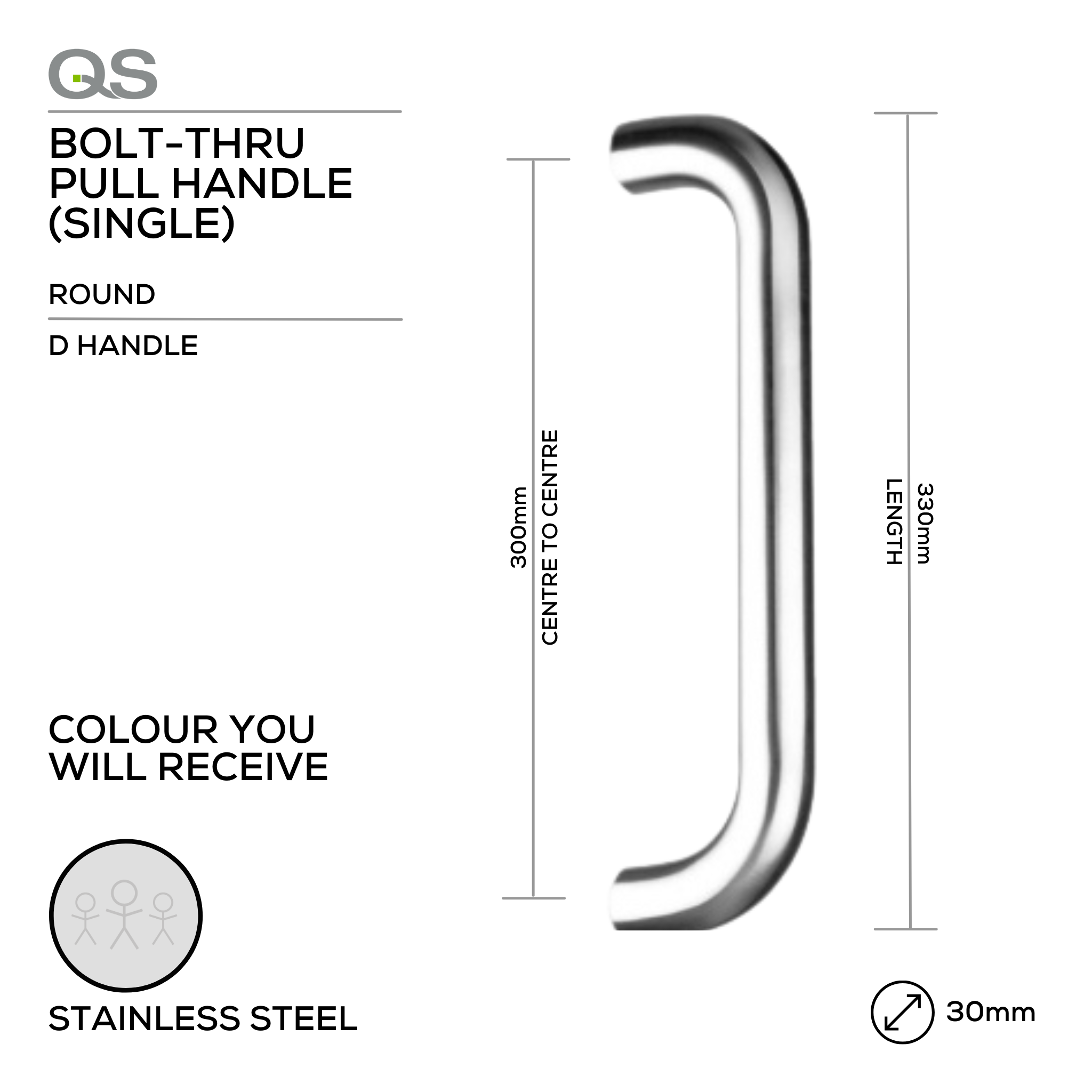 QS2201/1 D Handle, Pull Handle, Round, D Handle, BoltThru, 30mm (Ø) x 330mm (l) x 300mm (ctc), Stainless Steel, QS