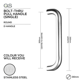 QS2201/1 D Handle, Pull Handle, Round, D Handle, BoltThru, 30mm (Ø) x 330mm (l) x 300mm (ctc), Stainless Steel, QS