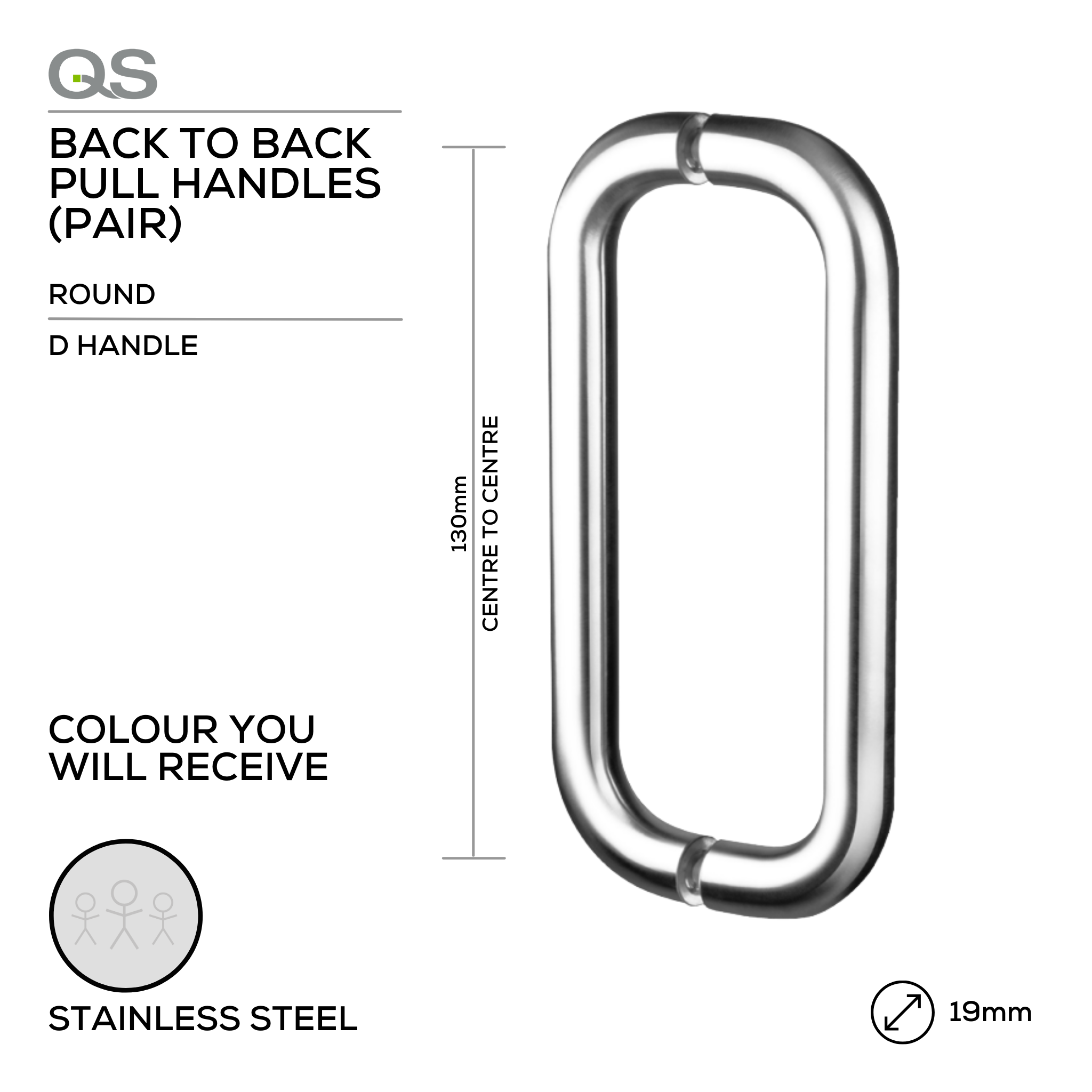 QS2203 D Handle, Pull Handle, Round, D Handle, BTB, 19mm (Ø) x 130mm (ctc), Stainless Steel, QS