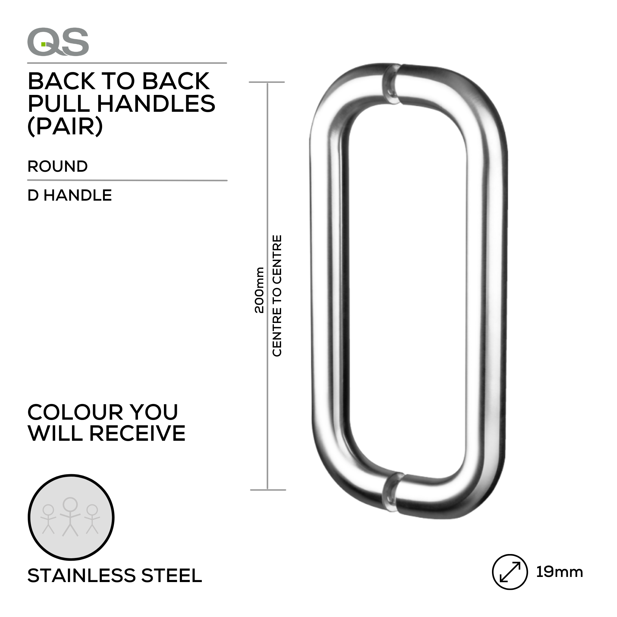 QS2204 D Handle, Pull Handle, Round, BTB, 19, 200mm (l), Stainless Steel, QS