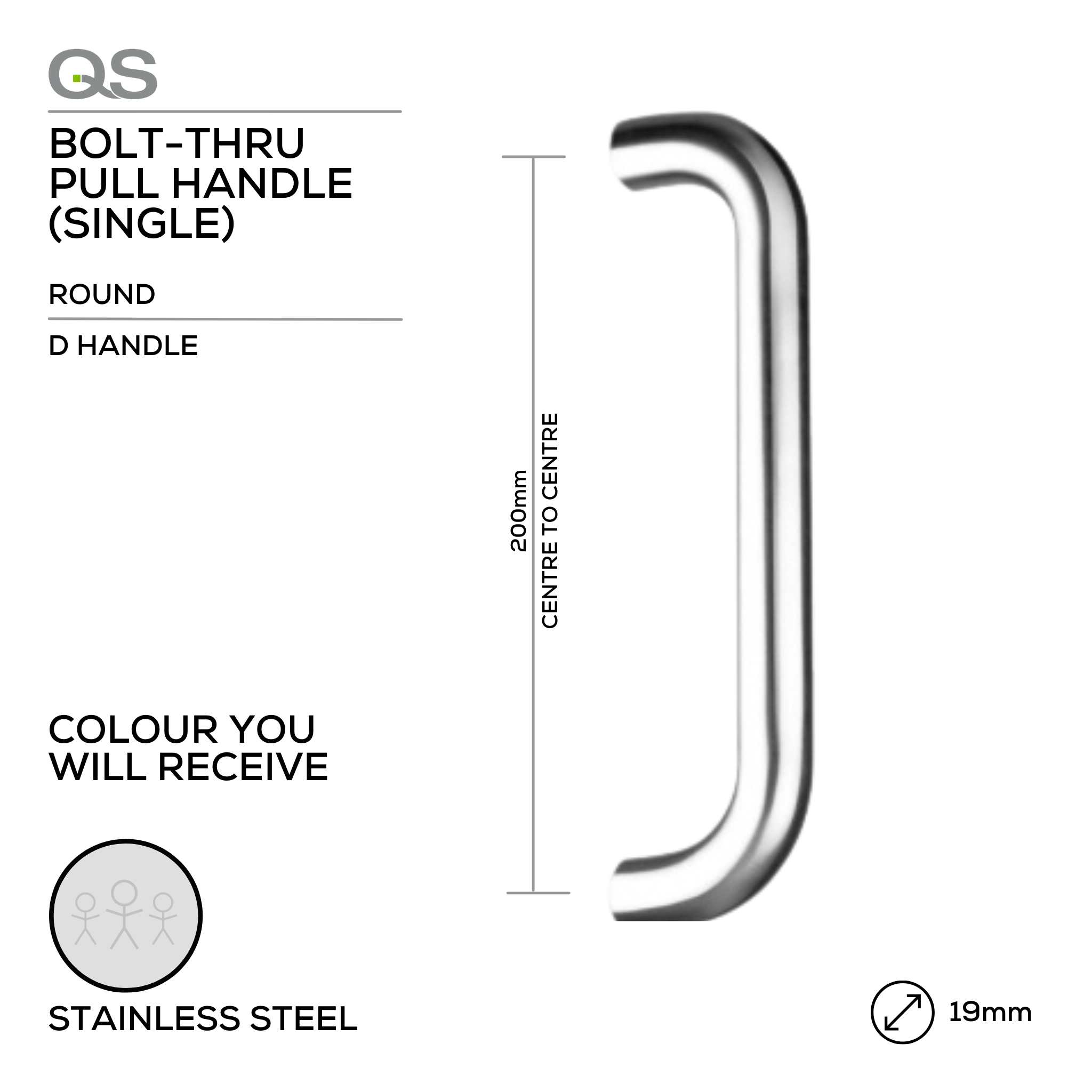 QS2204/1 D Handle, Pull Handle, Round, D Handle, BoltThru, 19mm (Ø) x 200mm (l), Stainless Steel, QS