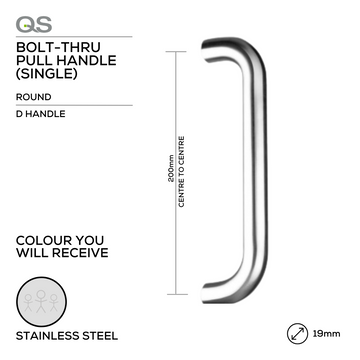 QS Stainless Steel Pull Handle main product view for doors — strong stainless style, 19mm (Ø) x 200mm (l).