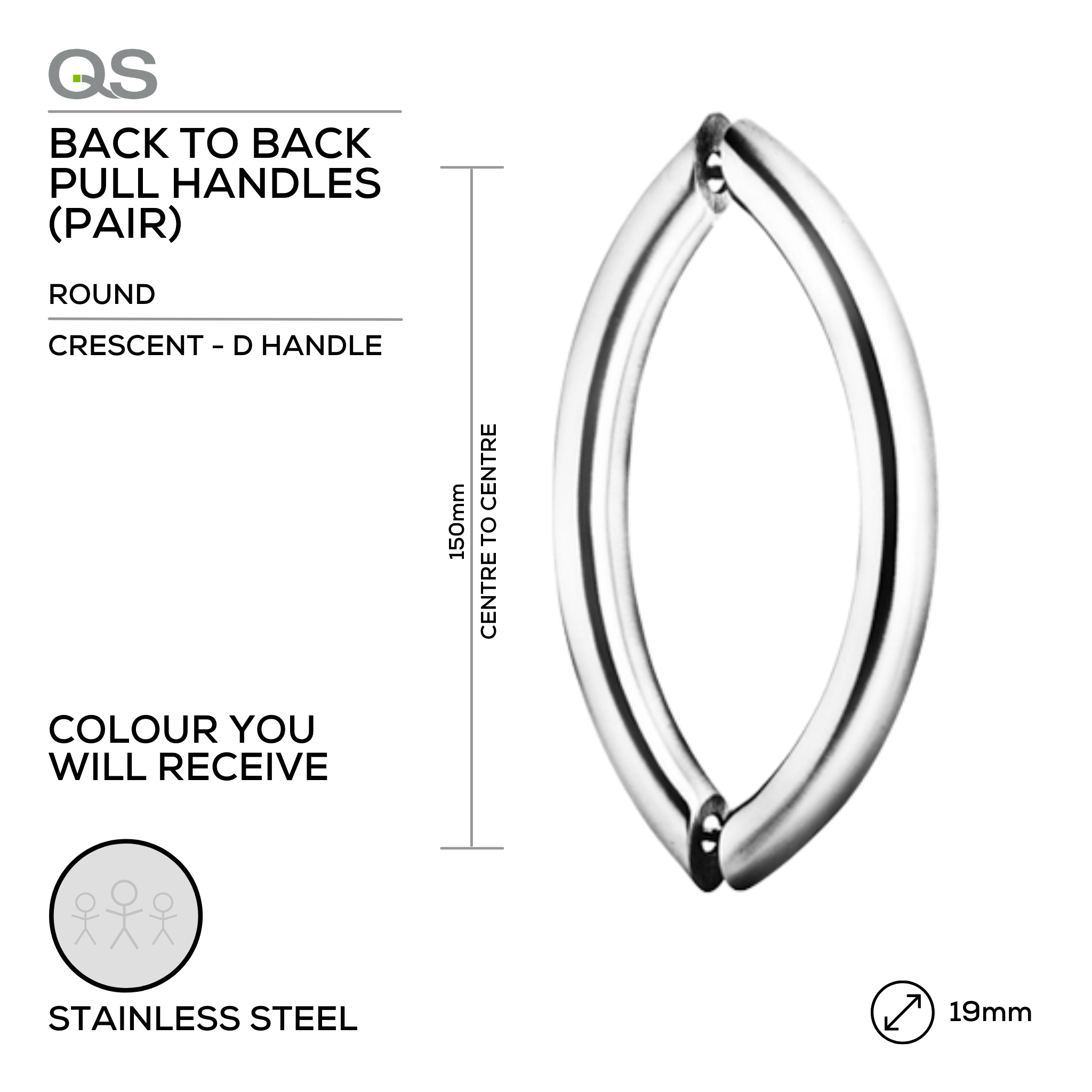 QS2205 Crescent D Handle, Pull Handle, Round, D Handle, BTB, 19mm (Ø) x 150mm (l), Stainless Steel, QS