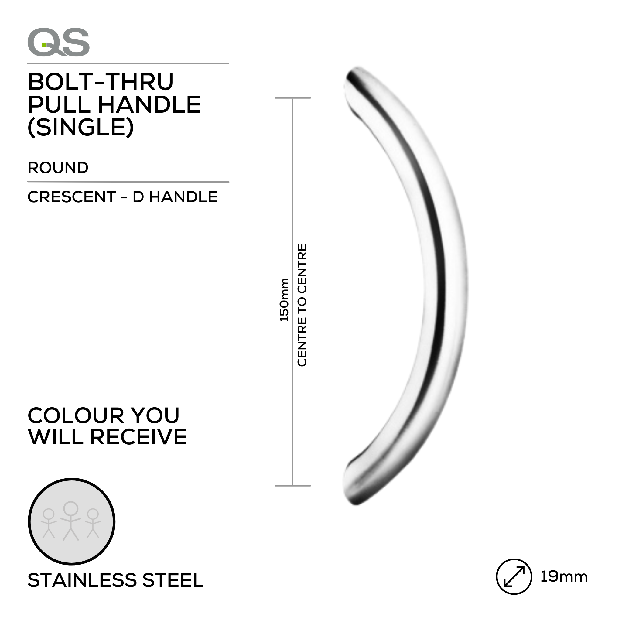 QS2205/1 Crescent D Handle, Pull Handle, Round, Crescent, D Handle, BoltThru, 19mm (Ø) x 150mm (I), Stainless Steel, QS