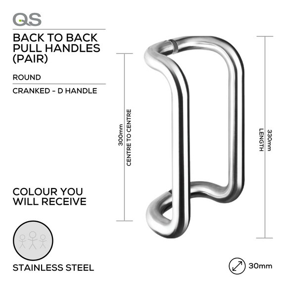 QS2301 Cranked D, Pull Handle, Round, D Handle, BTB, 30mm (Ø) x 300mm (l) x 300mm (ctc), Stainless Steel, QS