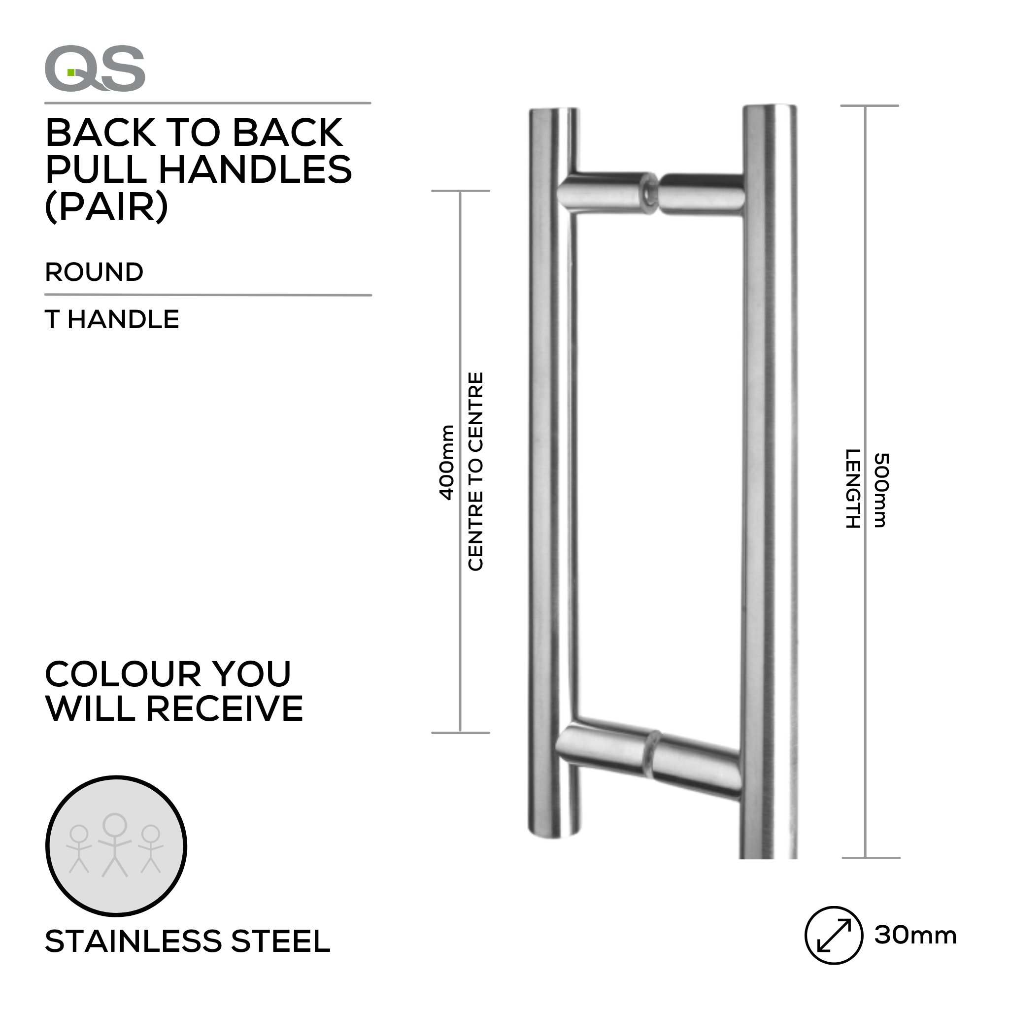 QS2501 T Handle, Pull Handle, Round, T Handle, BTB, 30mm (Ø) x 500mm (l) x 400mm (ctc), Stainless Steel, QS