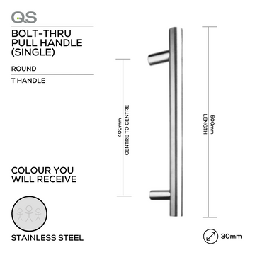 Main product view showing QS Stainless Steel Pull Handle — tough stainless shine for doors, 30mm (Ø) x 500mm (l).