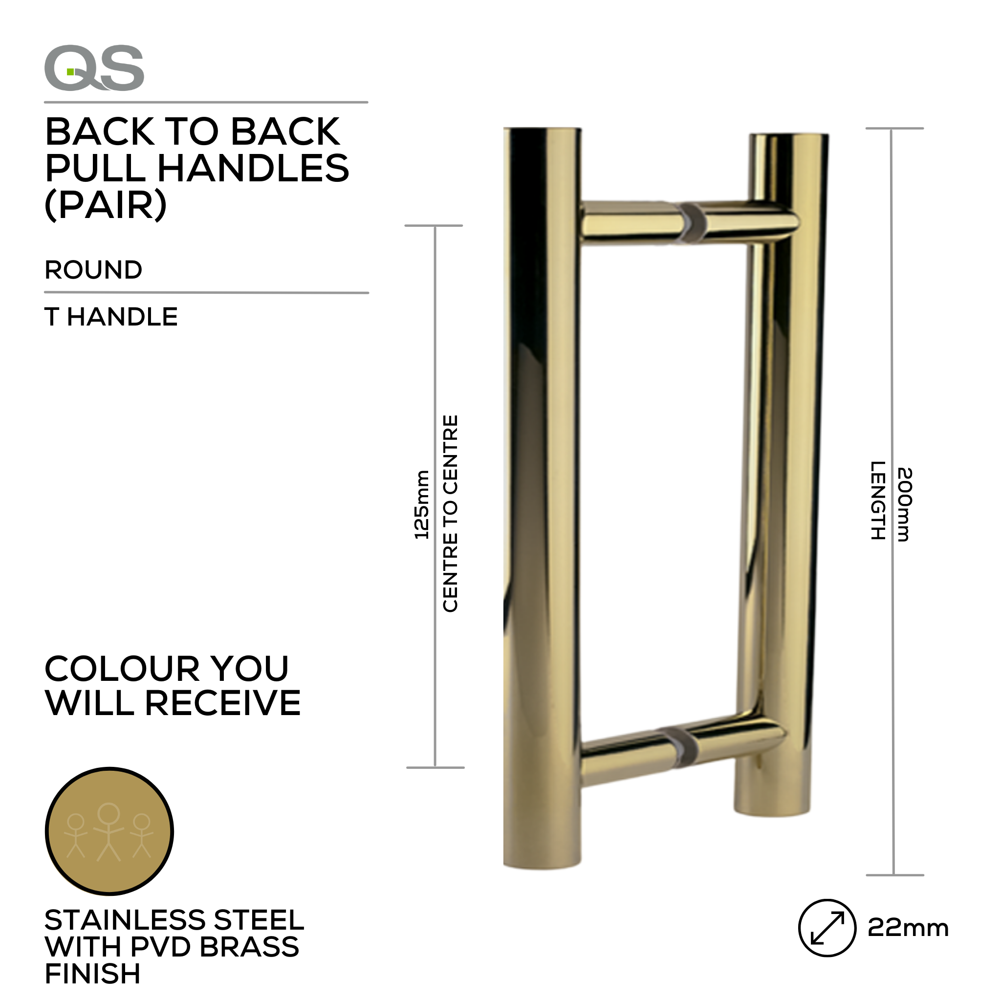 QS2503 PVD T Handle, Pull Handle, Round, T Handle, BTB, 22mm (Ø) x 200mm (l) x 125mm (ctc), Stainless Steel with PVD Brass Finish, QS
