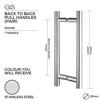 Main product view showing QS Stainless Steel Pull Handle — tough stainless shine for doors, 22mm (Ø) x 200mm (l).