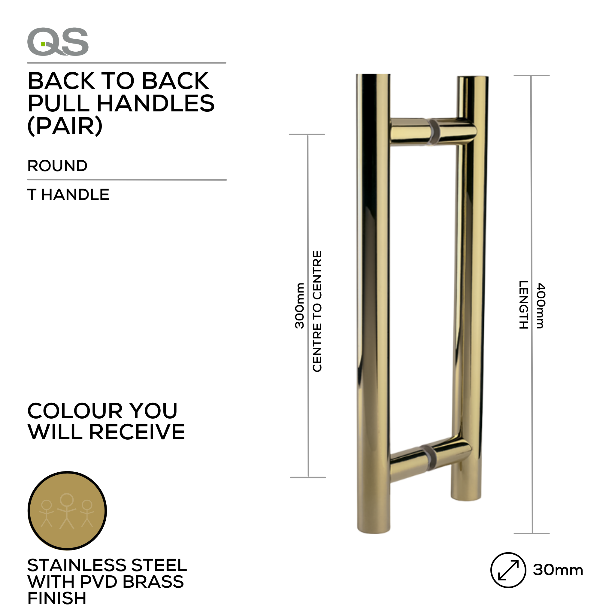 QS2507 PVD T Handle, Pull Handle, Round, T Handle, BTB, 30mm (Ø) x 400mm (l) x 300mm (ctc), Stainless Steel with PVD Brass Finish, QS