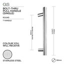 QS2507/1 T Handle, Pull Handle, Round, T Handle, BoltThru, 30mm (Ø) x 400mm (l) x 300mm (ctc), Stainless Steel, QS-1