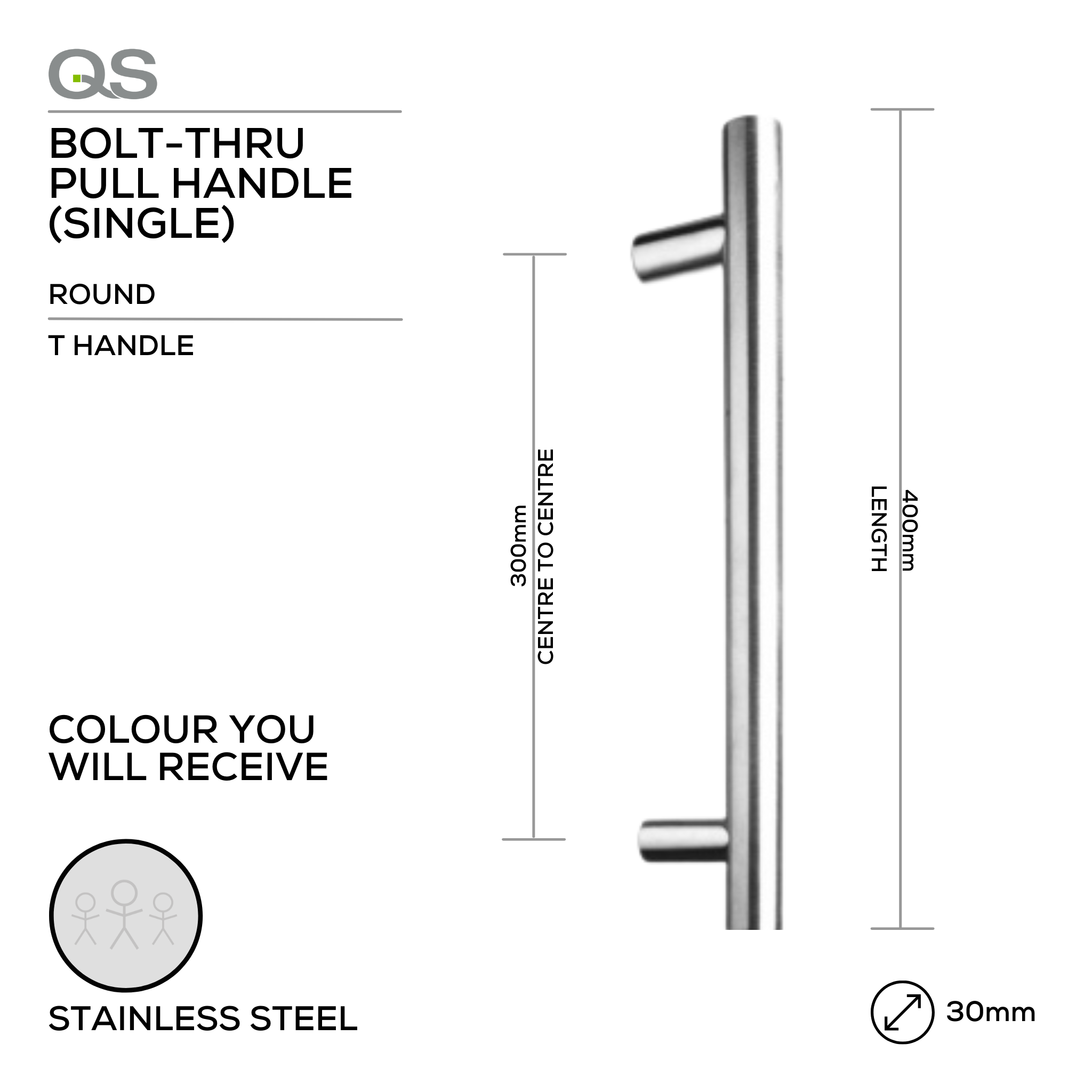 QS2507/1 T Handle, Pull Handle, Round, T Handle, BoltThru, 30mm (Ø) x 400mm (l) x 300mm (ctc), Stainless Steel, QS