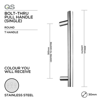 Main product view of QS Stainless Steel Pull Handle, made for doors with clean stainless confidence, 30mm (Ø) x 400mm (l).