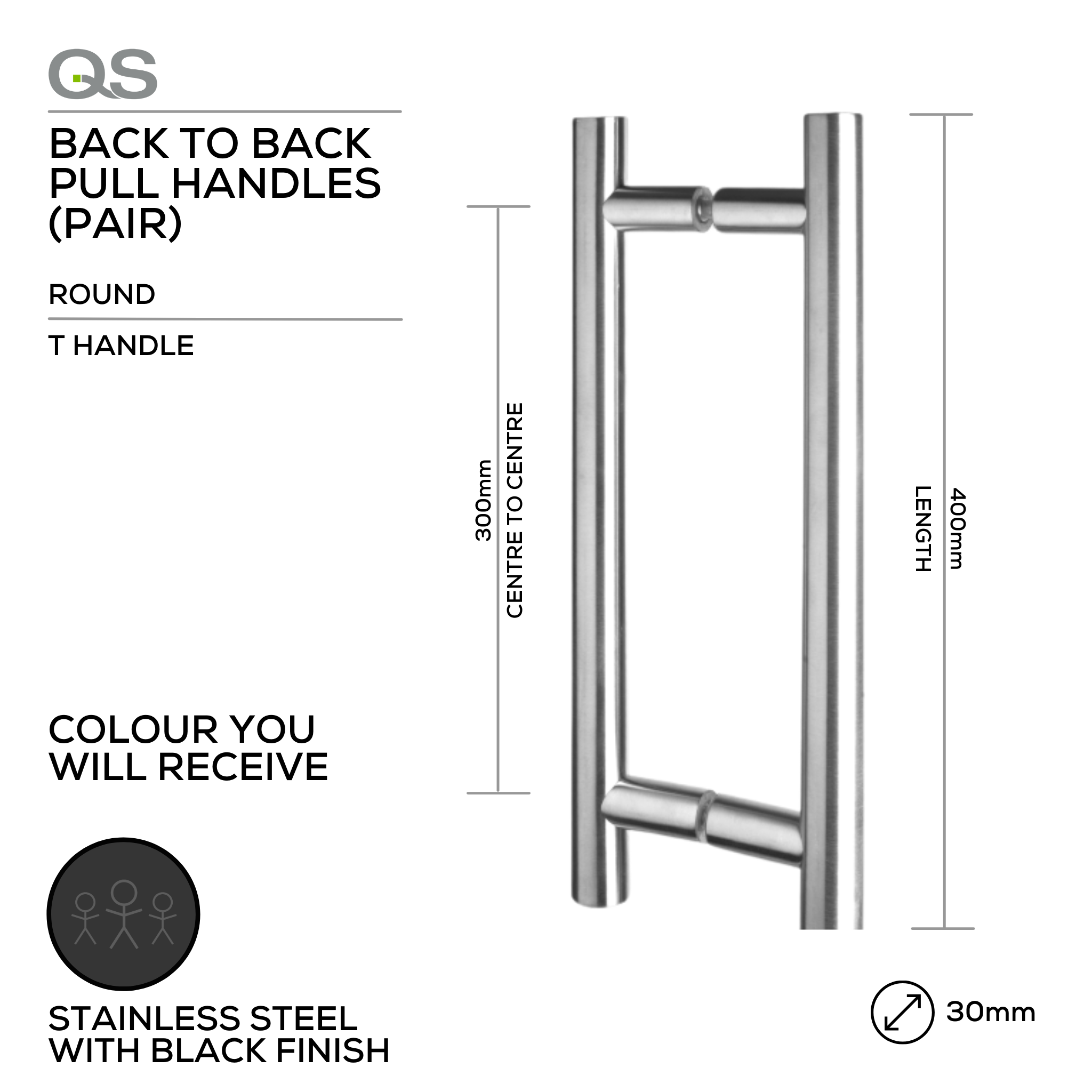 QS2507 T Handle Black, Pull Handle, Round, T Handle, BTB, 30mm (Ø) x 400mm (l) x 300mm (ctc), Black Stainless Steel, QS