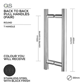 QS2507 BLACK, Pull Handle, Round, T Handle, BTB, 30mm (Ø) x 400mm (l) x 300mm (ctc), Black Stainless Steel, QS