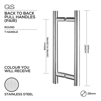 Main product view showing QS Stainless Steel Pull Handle — tough stainless shine for doors, 25mm (Ø) x 1070mm (l).
