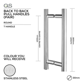 QS2509 T Handle, Pull Handle, Round, T Handle, BTB, 30mm (Ø) x 1800mm (l) x 1200mm (ctc), Stainless Steel, QS