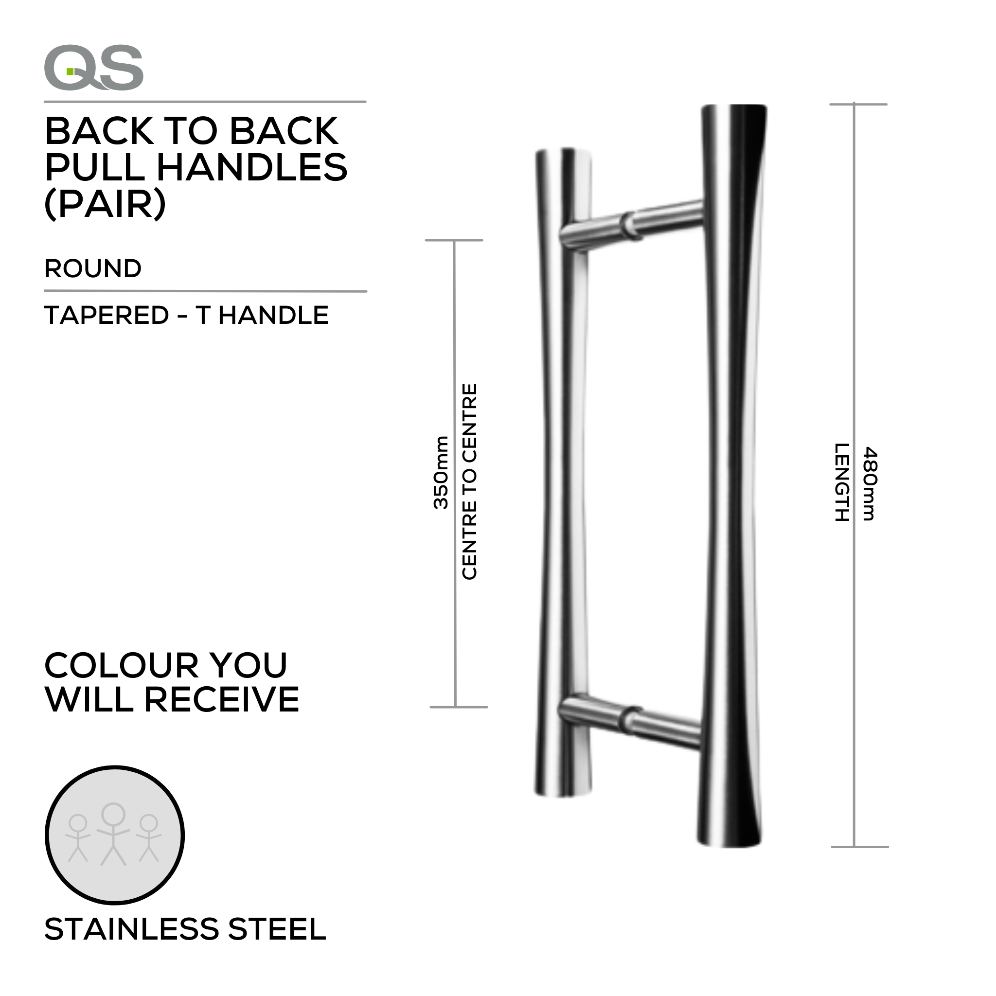 QS2513 Tapered RND T, Pull Handle, Round, T Handle, BTB, 480mm (l) x 350mm (ctc), Stainless Steel, QS