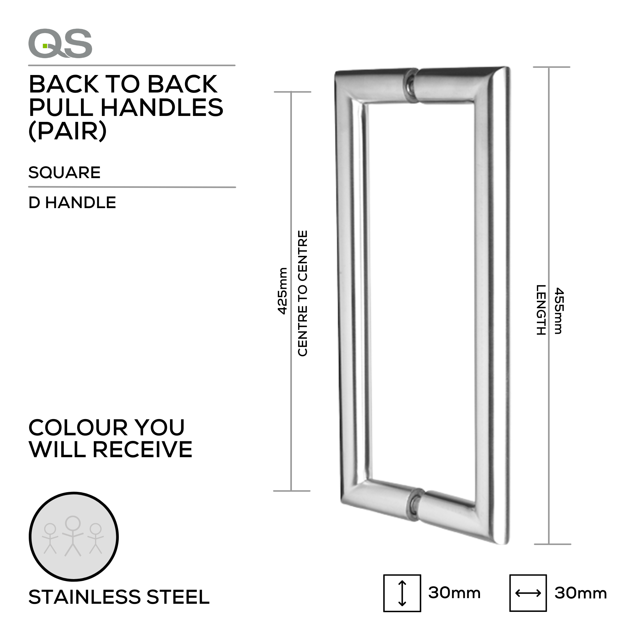 QS2601 Square D, Pull Handle, Square, D Handle, BTB, 30mm (d) x 455mm (l) x 425mm (ctc), Stainless Steel, QS