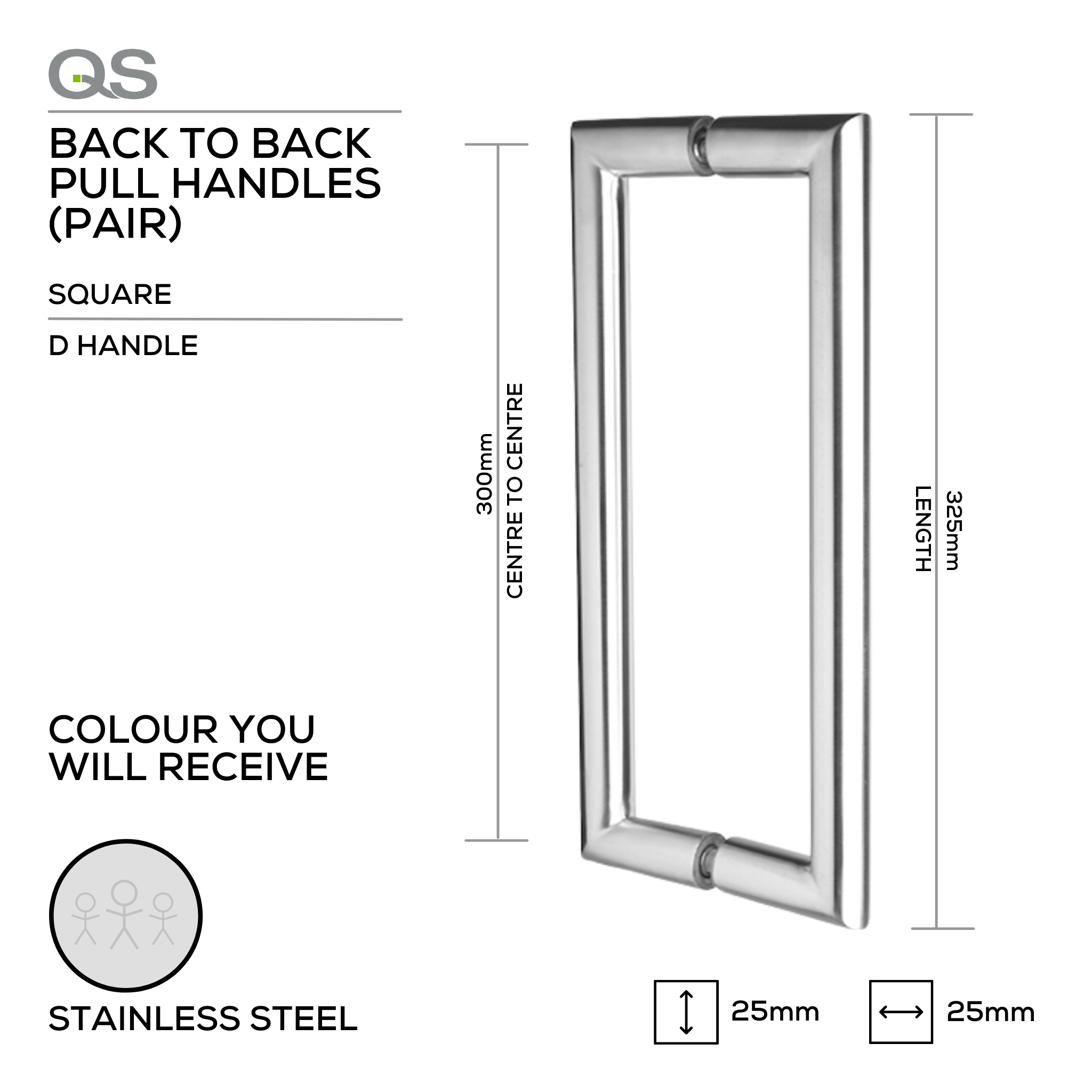 QS2602 Square D, Pull Handle, Square, D Handle, BTB, 25mm (d) x 325mm (l) x 300mm (ctc), Stainless Steel, QS