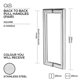 QS2602 Square D, Pull Handle, Square, D Handle, BTB, 25mm (d) x 325mm (l) x 300mm (ctc), Stainless Steel, QS