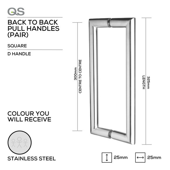 QS2602 Square D, Pull Handle, Square, D Handle, BTB, 25mm (d) x 325mm (l) x 300mm (ctc), Stainless Steel, QS