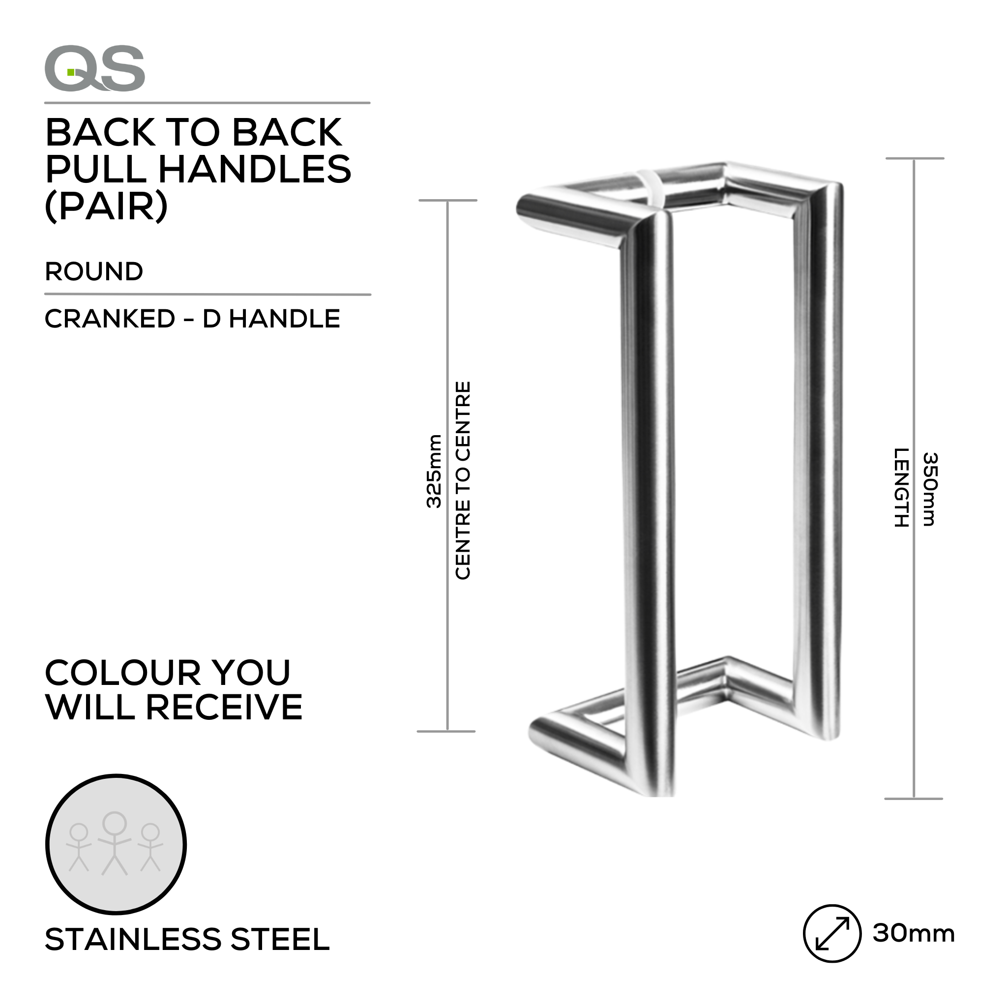 QS2603 Cranked Round D, Pull Handle, Round, Cranked, D Handle, BTB, 30mm (Ø) x 350mm (l) x 325mm (ctc), Stainless Steel, QS