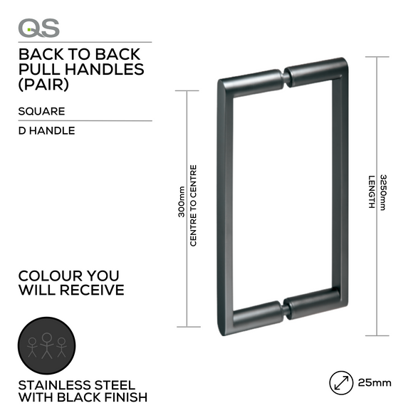 QS2604/BL Falon D, Pull Handle, BTB, 25mm (Ø) x 325mm (l) x 300mm (ctc), Stainless Steel with Black finish, QS