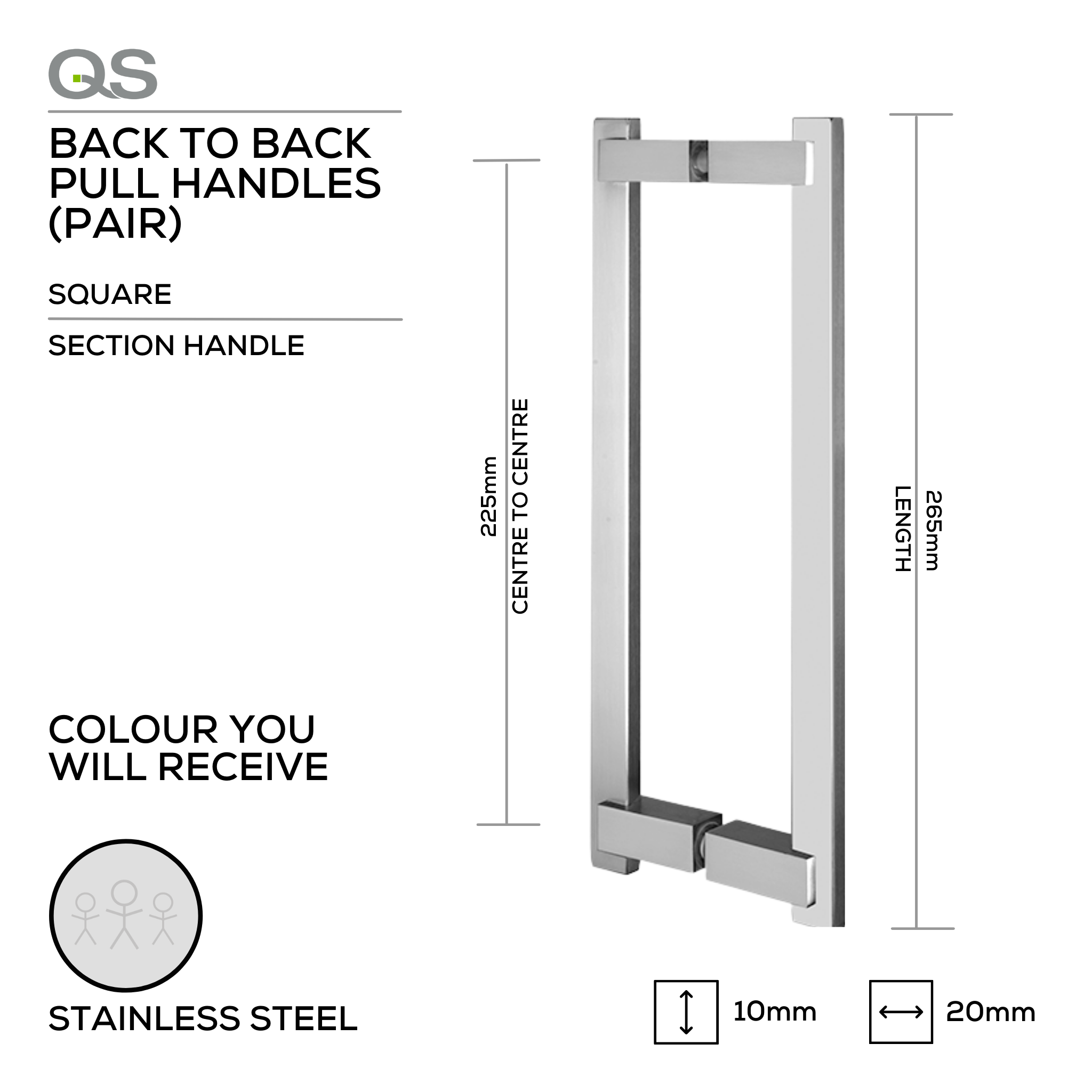 QS2611 Oblong, Pull Handle, Square, Oblong, Section Handle, BTB, 10x20mm (d) x 265mm (l) x 225mm (ctc), Stainless Steel, QS